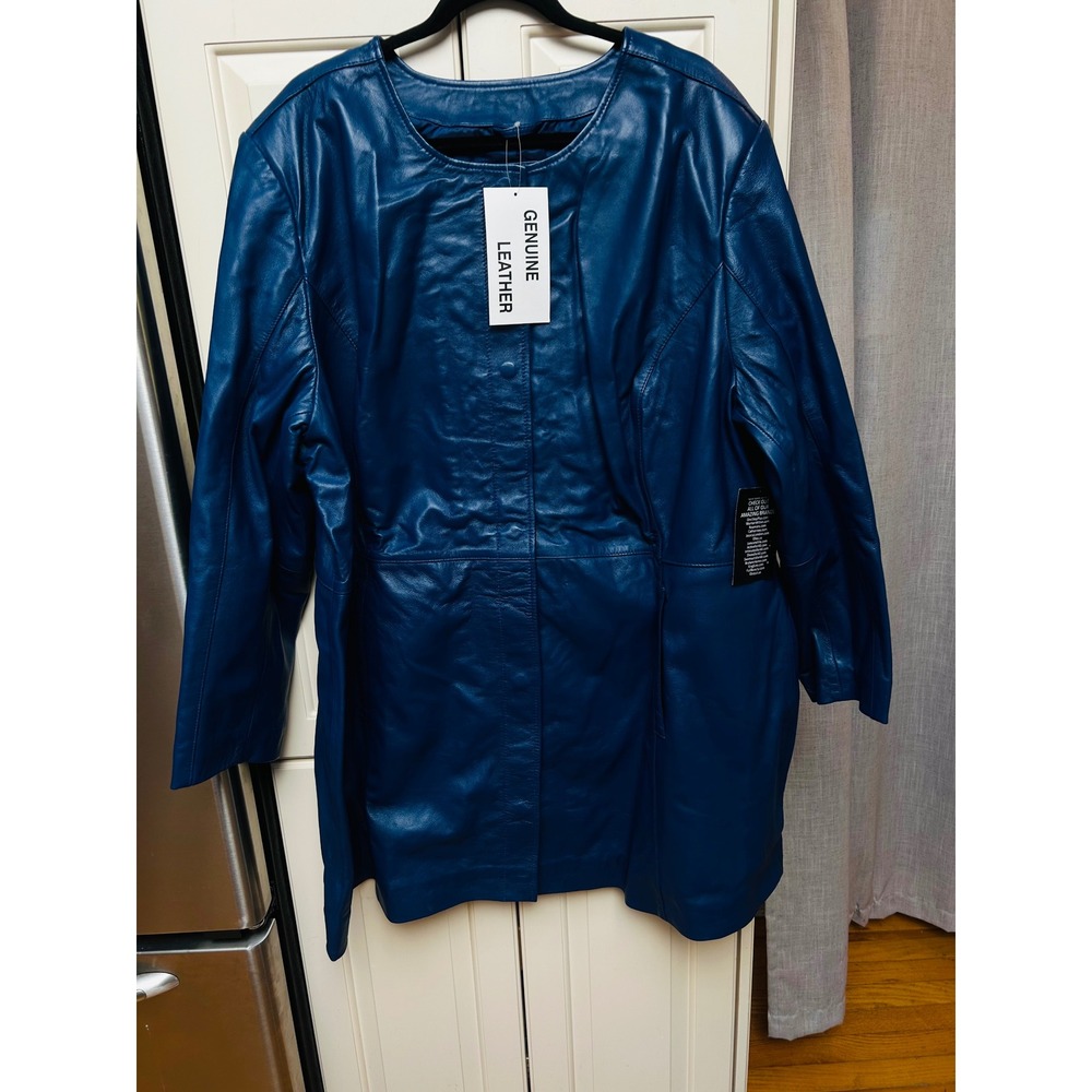 Jessica London Teal Blue Genuine Leather Coat Plus Size 28W Snap Front New